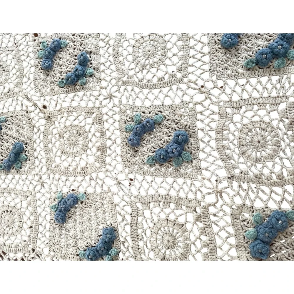Vintage Style Crochet Throw Blanket 51x48 Cream Blue 3D Floral Pearl Accents